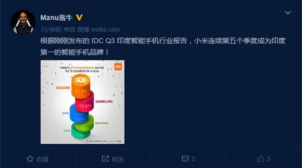 小米高管:小米連續第五個季度成為印度第一智能手機品牌